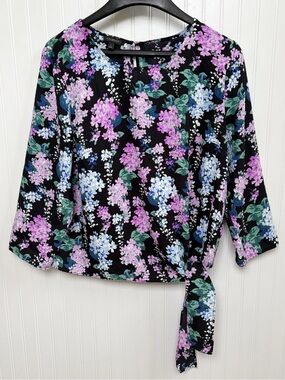 Talbots Black & Purple Floral Side Tie Blouse 3/4 Sleeve Women’s Large